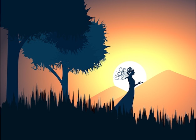 Vector mooie cartoon fantasy landschap met zonsondergang of zonsopgang met een sjamaan of een bidende vrouw