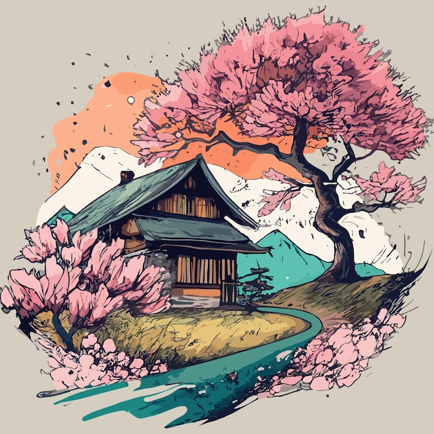 Mooie compositie Japans traditioneel huis aan de rivier naast kersenbloesem Japanse co