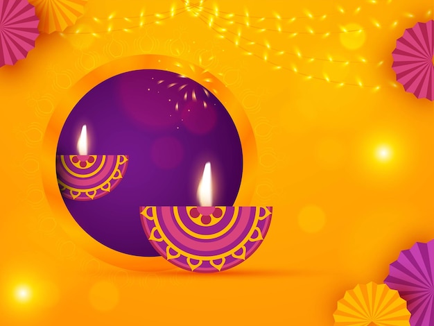 Mooie creatieve olielamp op gele decoratieve feestelijke achtergrond voor Happy Diwali