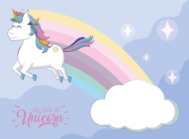 Vector mooie eenhoorn met wolken en regenboogbeeldverhalen vectorillustratie grafisch ontwerp