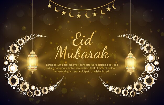 Mooie eid mubarak-banner met citaat en mooi glanzend luxe licht islamitisch ornament en abstract gradiënt bruin en gouden achtergrondontwerp