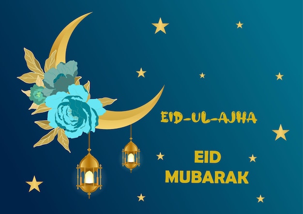 Mooie eid mubarak gouden maan ster en wolken vector wenskaart ontwerp