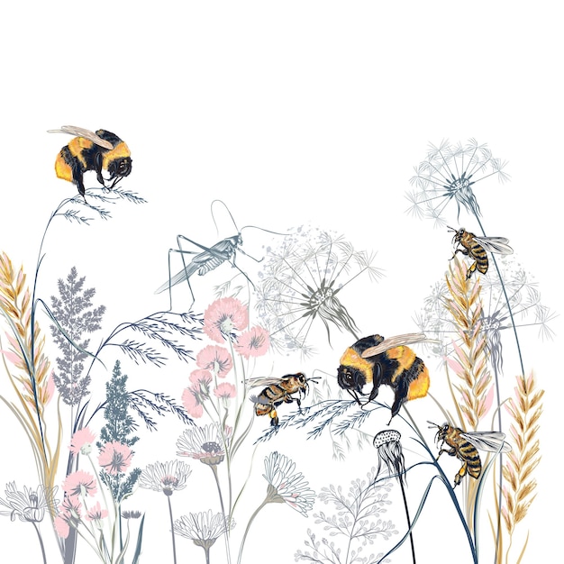 Vector mooie elegante vectorillustratie met planten bijen en hommel