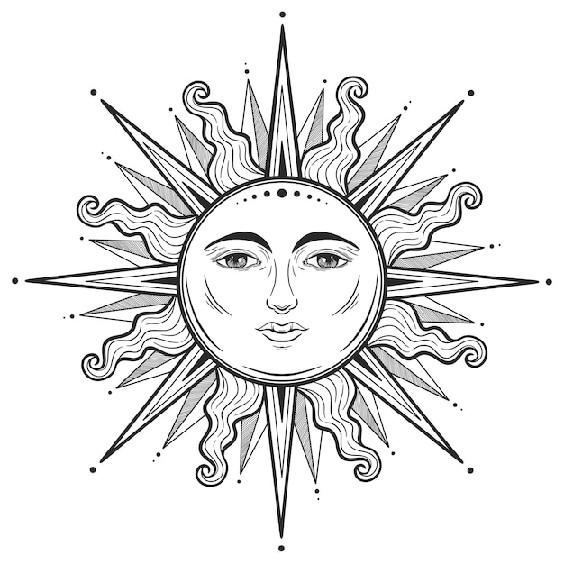 Mooie elegante zon gezicht symbool tattoo ontwerp vector illustratie alchemie symbool