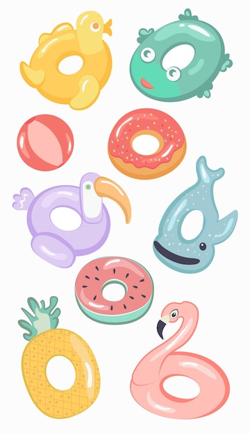 Mooie en heldere cirkels om te zwemmen in het zwembad en de zee in de vorm van verschillende dieren en fruit op een witte achtergrond ananas arbus donut walvis pad eend flamingo pelikaan design