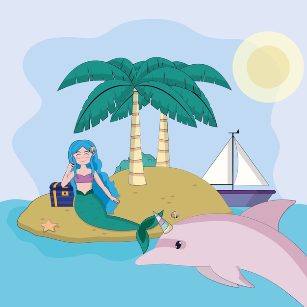 Mooie en magische zeemeermin op leuke cartoons van het eiland