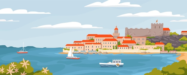 Vector mooie europese stad aan de zomerse zeekust grafische illustratie