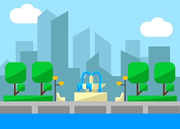 Mooie Flat Design Cartoon stadswolkenkrabber en park met meer en fontein