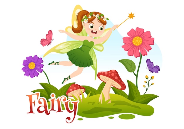 Mooie Flying Fairy Illustratie met Elf en Groen Gras in Flat Cartoon Handgetekende sjablonen