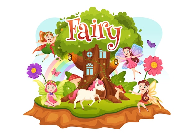 Mooie Flying Fairy Illustratie met Elf en Groen Gras in Flat Cartoon Handgetekende sjablonen