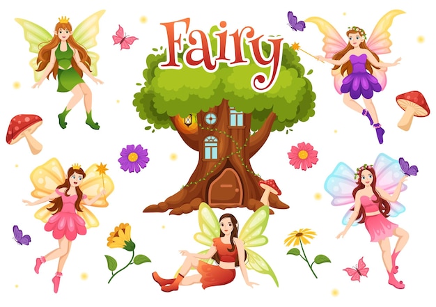 Vector mooie flying fairy illustratie met elf en groen gras in flat cartoon handgetekende sjablonen
