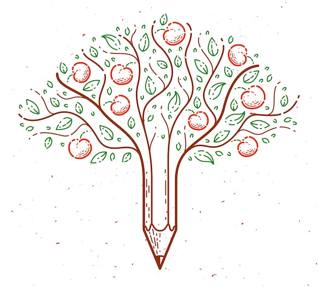 Mooie fruit appelboom met potlood gecombineerd in een symbool creativiteit en ideeën concept vector lineaire stijl logo of icoon Kunst en ontwerp conceptuele allegorie
