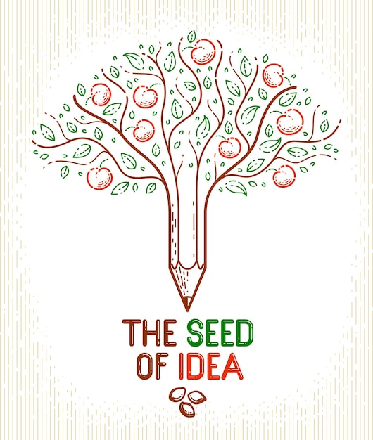 Mooie fruitappelboom met potlood gecombineerd in een symbool, idee zaad concept vector klassieke stijl logo of icoon. Sterke gedachten virus idee allegorie.