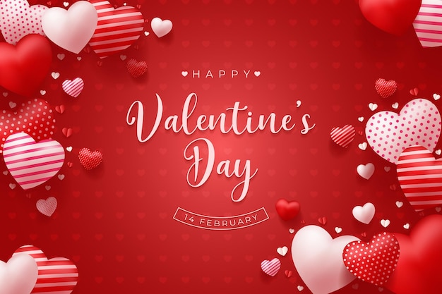 Mooie gelukkige valentijnsdag rode achtergrond met realistisch 3d-hartenontwerp
