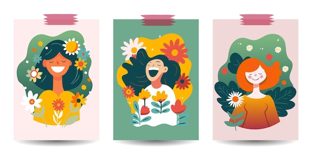 Mooie gelukkige vrouw kaart poster set zomer en lente bloemenmeisje glimlach