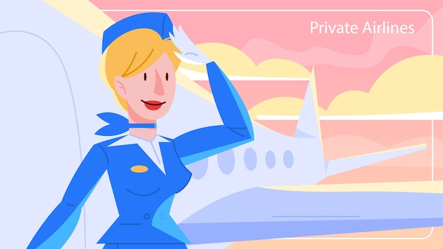 Mooie glimlachende stewardess die voor het vliegtuig staat.