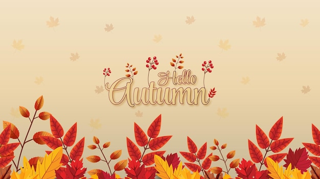 Mooie hallo herfstachtergrond met belettering van heldere bladeren Premium Vector