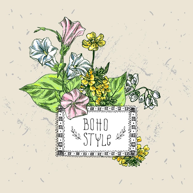 Mooie handgetekende illustratie boho bloemen Schetsen van wilde bloemen Gebruik voor ansichtkaart poster tshirt