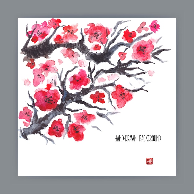 Mooie handgetekende illustratie met japanse natuurlijke motieven. bloeiende roze sakura. sumi-e