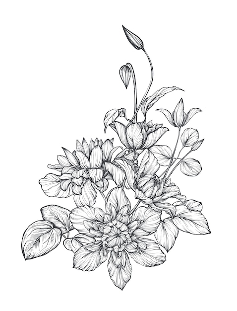 Vector mooie handgetekende vectorcompositie met zwart-witte bloeiende tuinbloemen