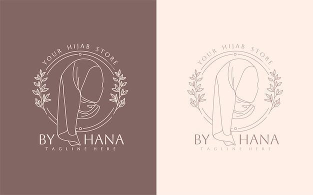Mooie hijab vrouw lijntekeningen met natuurblad logo voor hijab fashion store logo