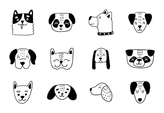 Mooie hond hoofdset grappige puppy lineaire schetsen vector honden illustratie voor afdrukken stickers afdrukken
