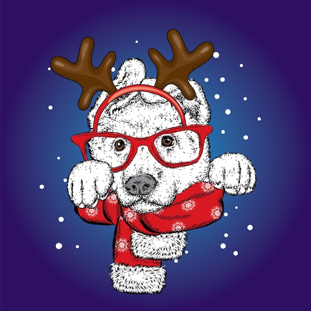 Vector mooie hond in een hoed en een sjaal van kerstman nieuwjaar en kerstmis