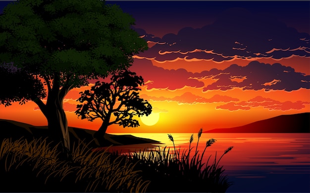 Mooie illustratie van zonsondergang in een meer met bomen en gras
