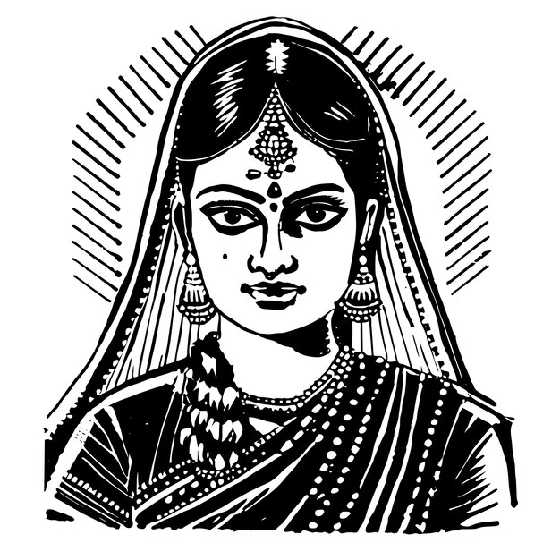 Mooie indiase bruid saree portret hand getekende cartoon sticker pictogram concept geïsoleerde illustratie