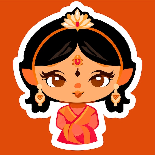 Vector mooie indiase bruid saree portret hand getekende cartoon sticker pictogram concept geïsoleerde illustratie
