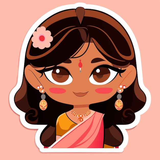 Mooie Indiase bruid saree portret hand getekende cartoon sticker pictogram concept geïsoleerde illustratie