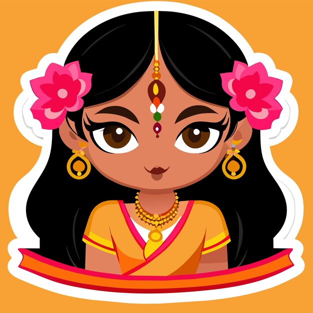 Vector mooie indiase bruid saree portret hand getekende cartoon sticker pictogram concept geïsoleerde illustratie