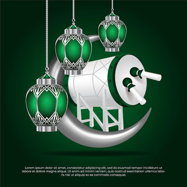 Mooie islamitische eid al adha-groet met hangende lampen maan en drummer achtergrond
