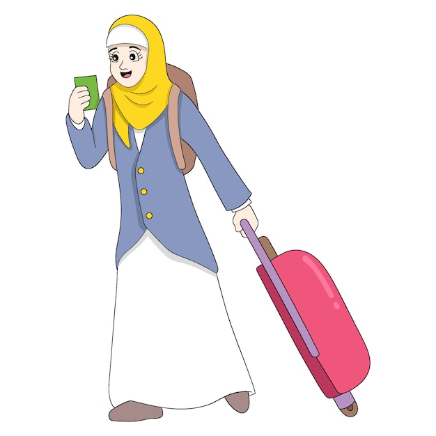 Mooie islamitische vrouw draagt een grote koffer voor reizende vakanties