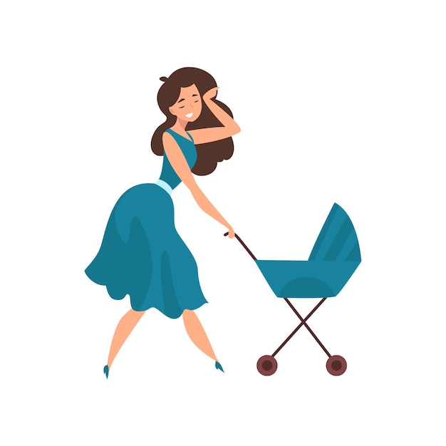 Mooie jonge brunette vrouw in blauwe jurk wandelen met haar pasgeboren baby in een kinderwagen ouderschap concept vector illustratie geïsoleerd op een witte achtergrond