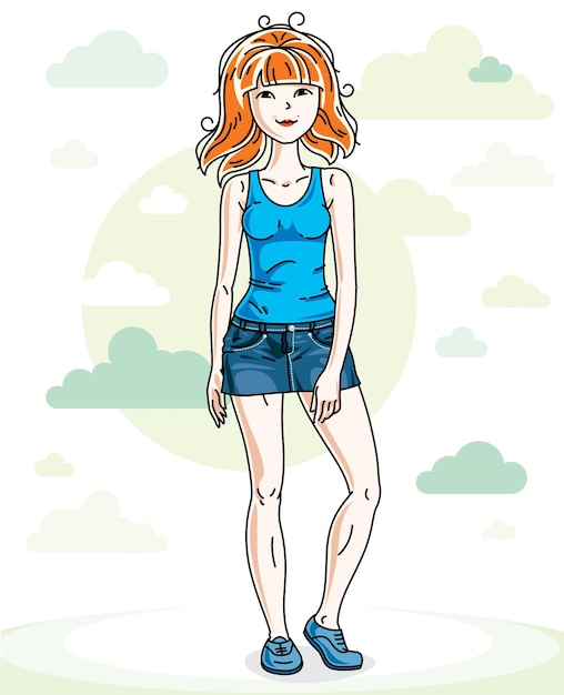 Mooie jonge roodharige vrouw die op de achtergrond staat met blauwe hemelwolken en modieuze vrijetijdskleding draagt. Vector menselijke illustratie.