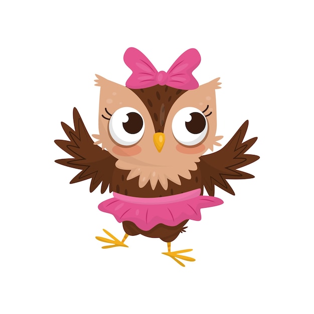 Mooie jonge uil meisje dragen roze rok en boog schattige vogel cartoon karakter vector illustratie op een witte achtergrond