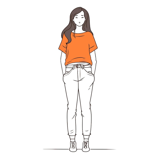 Mooie jonge vrouw in casual kleding Vector handgetekende illustratie