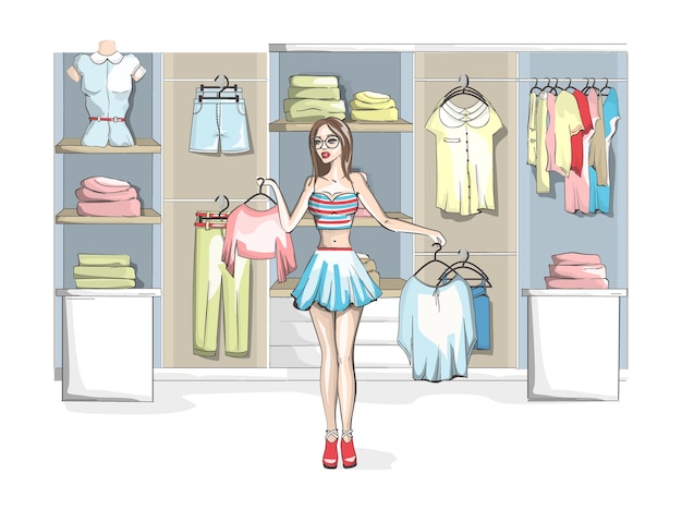 Vector mooie jonge vrouw kleren kiezen bij een kledingwinkel. schoonheid en mode. moeilijke keuze. illustratie