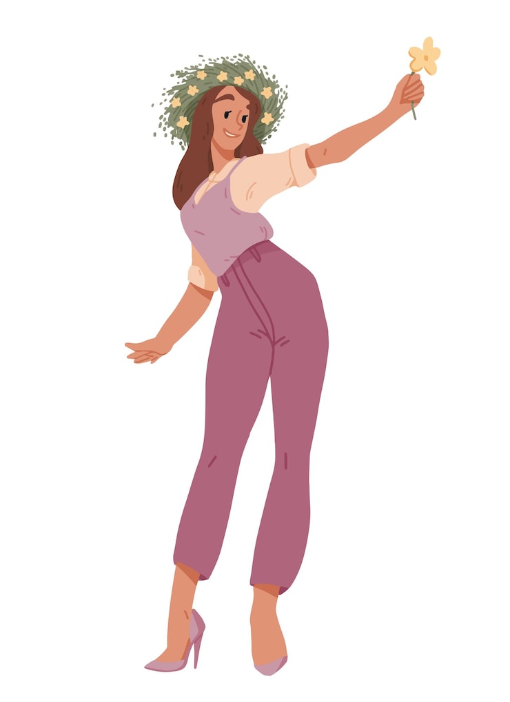 Vector mooie jonge vrouw met bloemenkrans op haar hoofd leuk meisje met bloemenkrans in haar