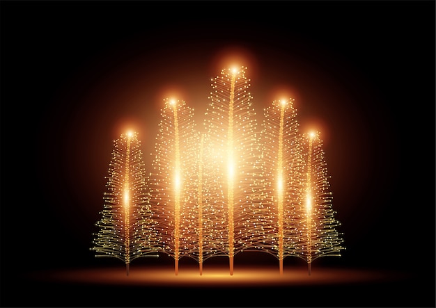 Vector mooie kerstbomen met lampjes op een donkere achtergrond