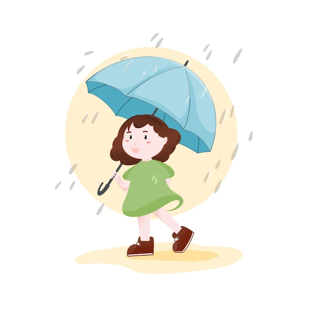 Vector mooie kleine meisje met een paraplu die in het regenseizoen loopt.