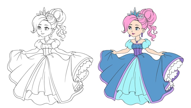 Mooie kleine prinses dragen lange bal jurk grote cartoon ogen en hoofd hand getekende contour vectorillustratie voor het kleuren van boek kinderen spel tattoo