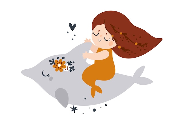 Mooie kleine zeemeermin met lang haar en oranje vissenstaart zwemt met een dolfijn op witte achtergrond
