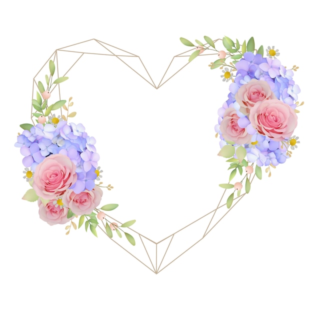 Mooie liefde frame achtergrond met bloemen roze rozen en hortensia