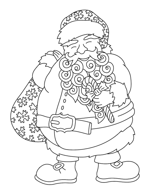 Mooie lineaire vectorillustratie voor kerst kleurboek met cartoon santa claus geïsoleerd op de witte achtergrond