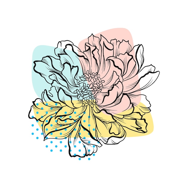 Mooie met de hand getekende bloem met kleurrijke abstracte achtergrond bloeiende pioen lineaire vector