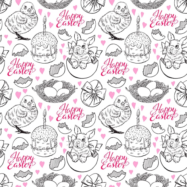 Mooie naadloze achtergrond van schets Pasen symbolen - konijn, kip, cake en anderen. Handgetekende illustratie