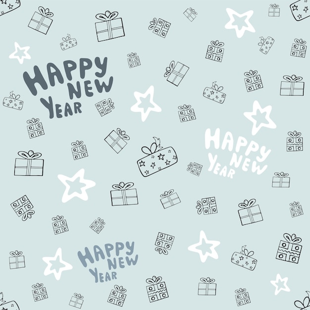 Mooie naadloze patroon vector met schattige cadeautjes, sterren en de inscriptie Happy New Year. Decoratieve handgetekende vector voor ontwerp op een lichtblauwe achtergrond