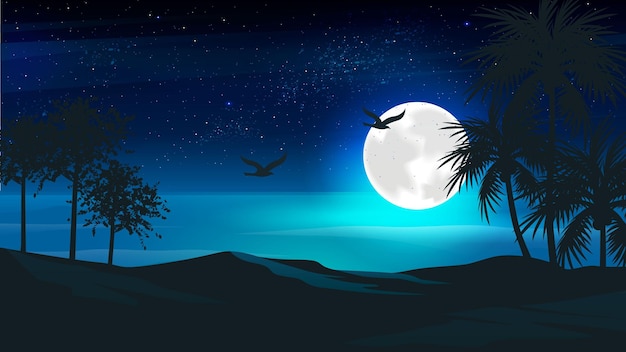 Vector mooie nachtelijke hemel landschap zee en halve maan nacht illustratie